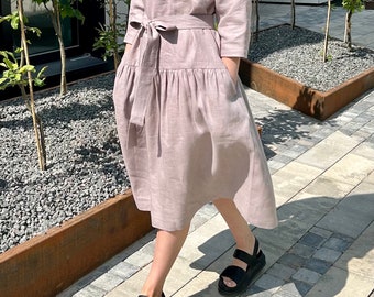 Loose linen dress with ruffles and belt, loose linen long sleeves dress,  linen tunic with pockets and 3/4 sleeves, linen oversized dress