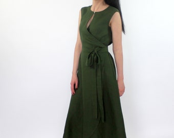 Linen wrap maxi length sleeveless dress with pockets, long loose washed linen dark moss green comfortable summer dress