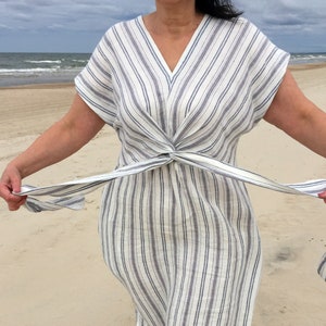 Straight washed striped linen mid calf dress with short kimono sleeves and pockets, deep V-neck linen sundress with belt image 4