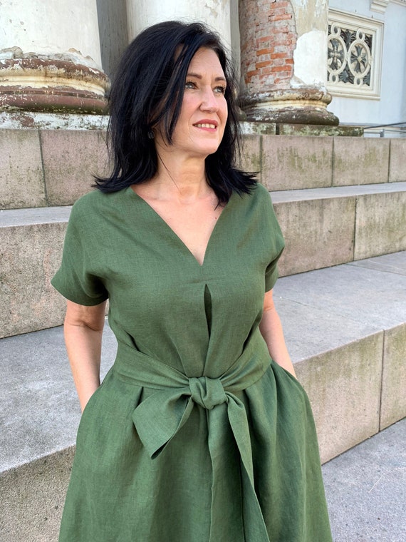 Middle calf washed linen loose dress with pockets and belt, V-neck short sleeves long linen dress, MaTuTu linen Style