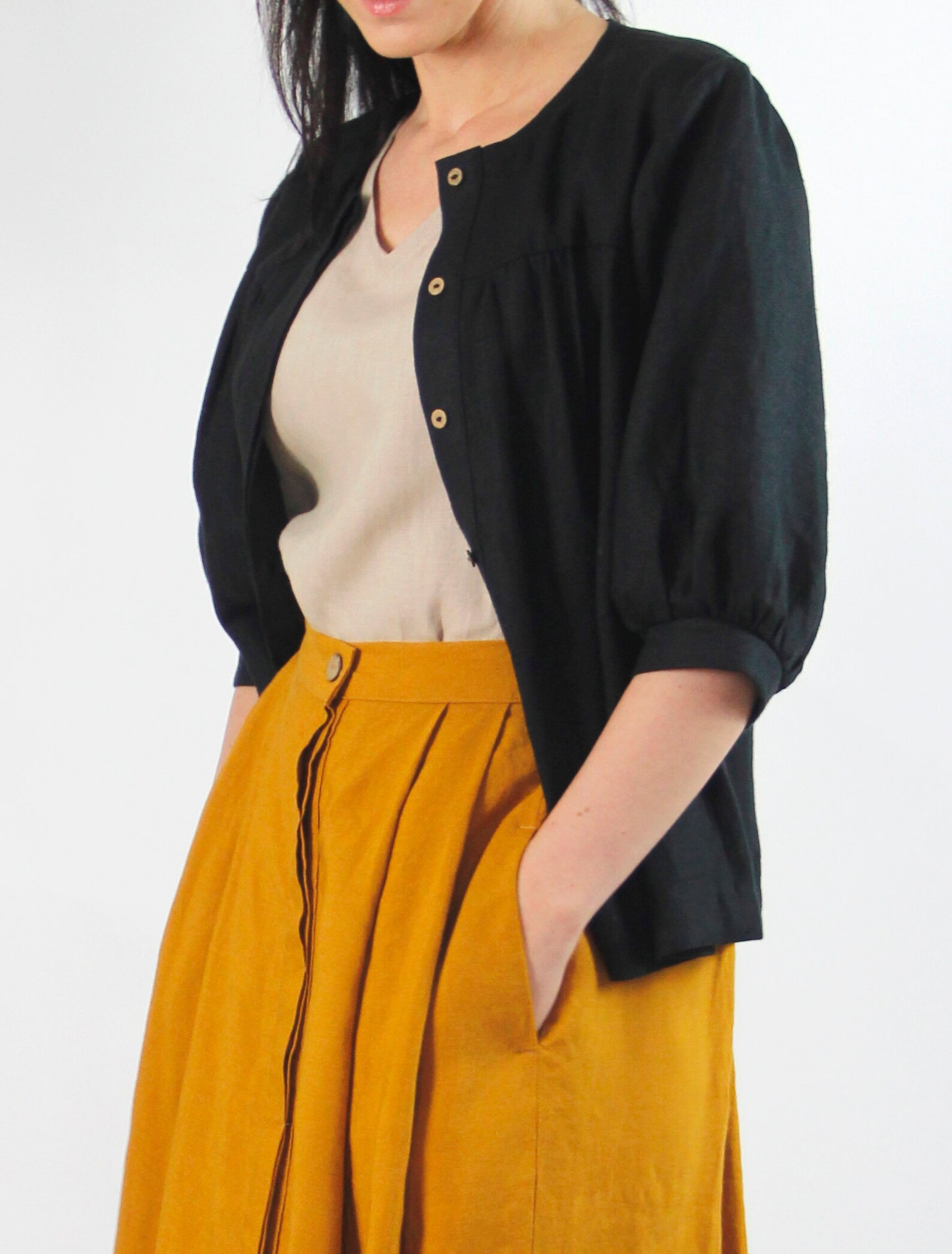 Black Linen Women's Shirt With Puffed Sleeves Linen Etsy