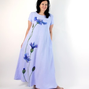 Hand painted cornflower maxi loose washed linen dress with pockets and  with short sleeves, Gift for women ,MaTuTu Linen Style