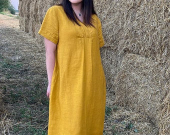 Soft washed linen midi dress with short sleeves, V-neck and belt, linen summer mustard yellow dress with pockets, comfortable loose dress