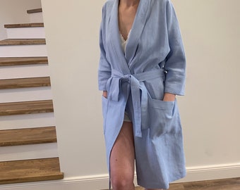 Linen kimono wrap bathrobe with pockets for women, blue soft natural washed linen robe with belt, MaTuTu Linen Style bath clothes