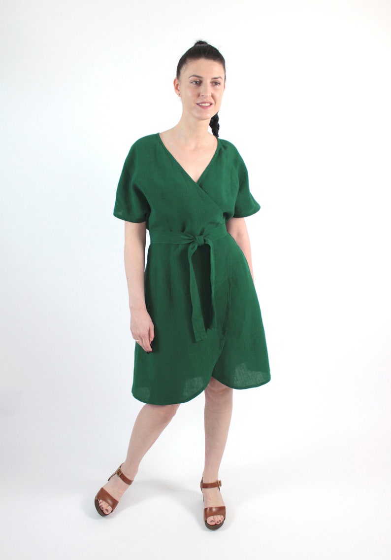 Emerald green linen kimono wrap summer dress with pockets Etsy