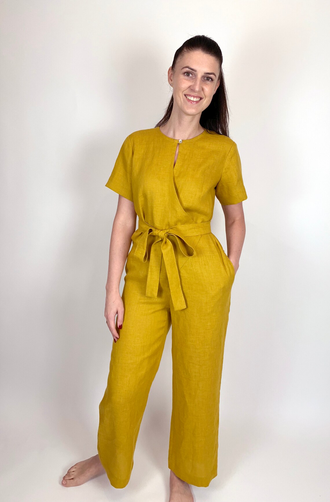 Wrap Linen Mustard Yellow Jumpsuit With Short Sleeves Long Etsy
