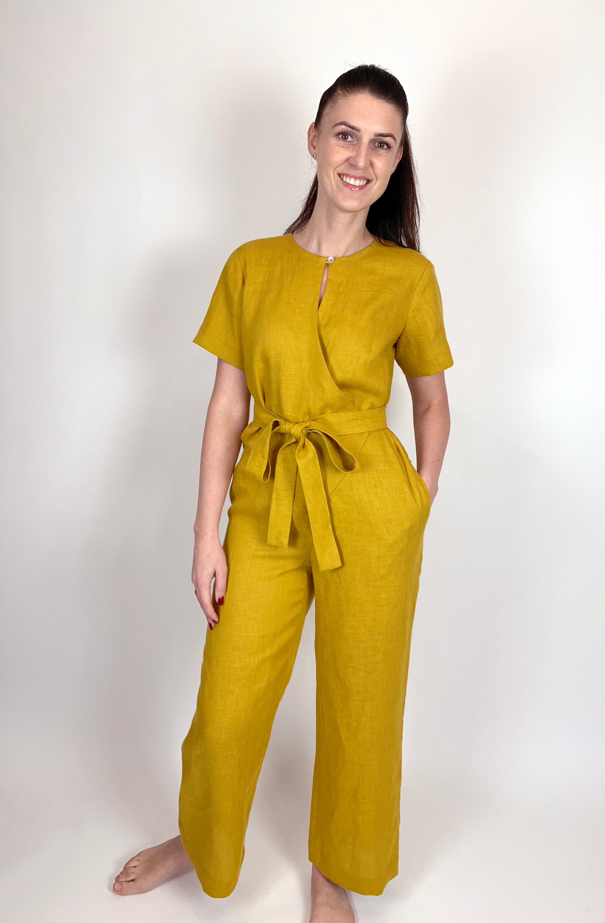 Wrap Linen Mustard Yellow Jumpsuit With Short Sleeves Long - Etsy