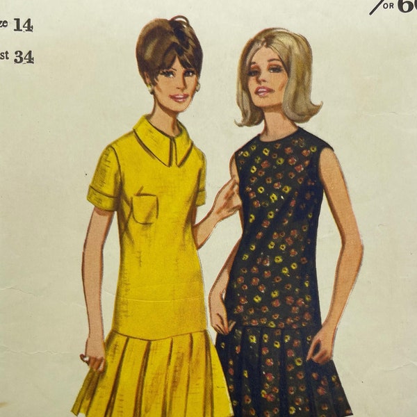 Vintage '60s Butterick 4303. Misses' Dress Pattern. Box Pleat Skirt, Optional Bias Collar or Jewel Neckline. Size 14/ 34"