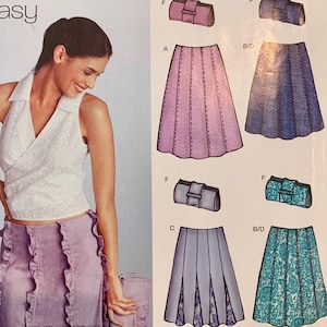 Könnte beinhalten: Ein New Look Schnittmuster mit Rockdesigns, darunter ein lavendelfarbener Rock mit Rüschen. Das Muster enthält die Größen 3-18. Das Wort "easy" ist auf dem Muster zu sehen.