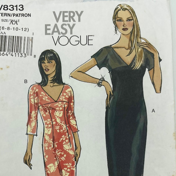 Very EASY Vogue 8313. Misses/Petite V Neckline Front & Back Dress Vogue Sewing Pattern. Day or Evening Outfit. Sizes: 6-8-10- 12