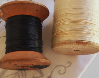 Wooden Spools with Cream and Grey Linen Thread