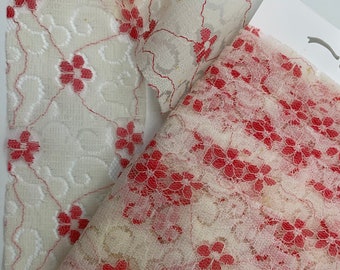 Vintage Pink and White Floral Lace Trim, Ribbon or Bias. SIngle/ Uncut Length: 5 Metres x 4.5 cm Wide.