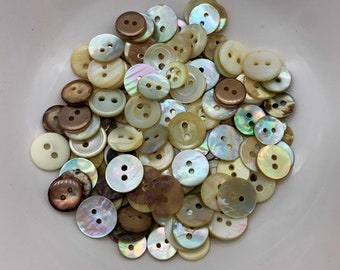 120+ Assorted Mother of Pearl Shell Buttons, Creamy or Blue/ Grey Hue, Sew Through Closure. Sizes: 9-15 mm