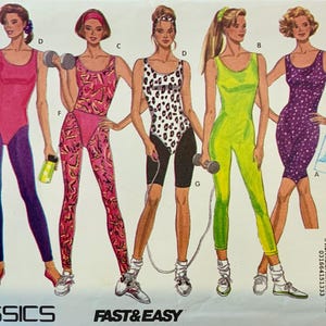 May include: Butterick pattern 6541 showing retro workout outfits. The illustration depicts six women in athletic wear, including a crop top and floral leggings, a leotard and leggings, and a jumpsuit. The text "CLASSICS" and "FAST & EASY" are visible.