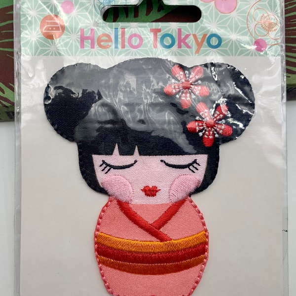 Hello Tokyo - Black Hair Girl. Embroidered Cotton Motif, Patch or Appliqué. Easy Iron-On Style. Size 7cm x 6cm. 5 Available