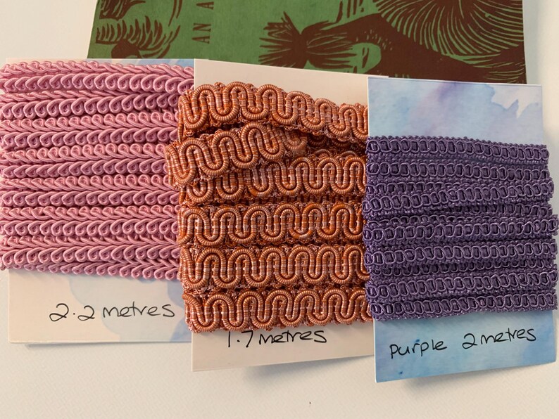 3 Lots Gimp/woven Braid Trim. Colours Purple, Pink and Light Copper