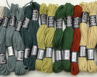 17 x DMC Laine Tapisserie Wools, Shades  of Green, Taupe, Grey, Russet, Wheat and Brown. New Wool. Made in France