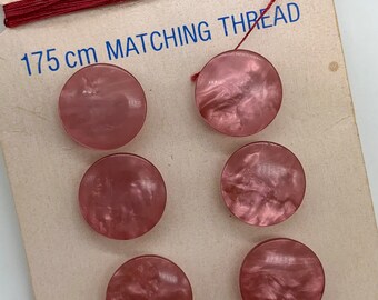 6 x Dusky PINK Satin Sheen 'Embassy' Brand Dress Buttons, Vintage Carded, Shank Buttons with Matched Cotton. Diameter 14mm