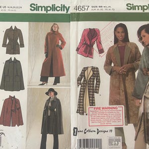 May include: Two Simplicity sewing pattern envelopes, 3959 and 4657. Pattern 3959 shows various coat and cape designs in sizes 16-24. Pattern 4657 by June Colburn Designs features reversible coat styles in sizes M-XL, including a printed back design.