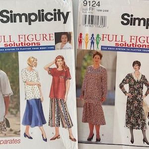 May include: Two Simplicity sewing pattern envelopes, 9535 and 9124, labelled Full Figure Solutions. Each envelope displays illustrations of various clothing styles including tops, skirts, and trousers, with size FF 18W-24W and barcodes printed on the front.