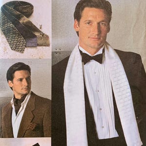 May include: Vogue Accessories pattern 7104 for neckwear, including ties, ascots, and scarves. The envelope displays various styles of formal neck accessories, featuring patterned fabrics, a white scarf, and a black bow tie, with a barcode and text.