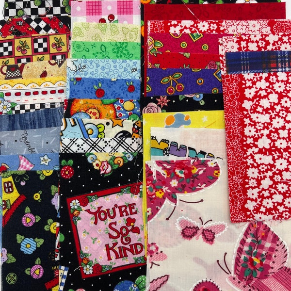 66 x Pre-Cut 4.5 inch Squares. Assorted Cotton Fabric Pieces. Appliqué, Quilt, Crafting. Novelty, Florals & Brights. Rotary Cut