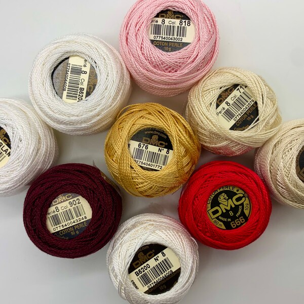 9 Assorted DMC Perle/ Pearl 8 Cotton Thread: Blanc, White, Ecru, Red, Maroon, Gold, Pink. Full/Part Skeins. Stitching, Sashiko, Embroidery