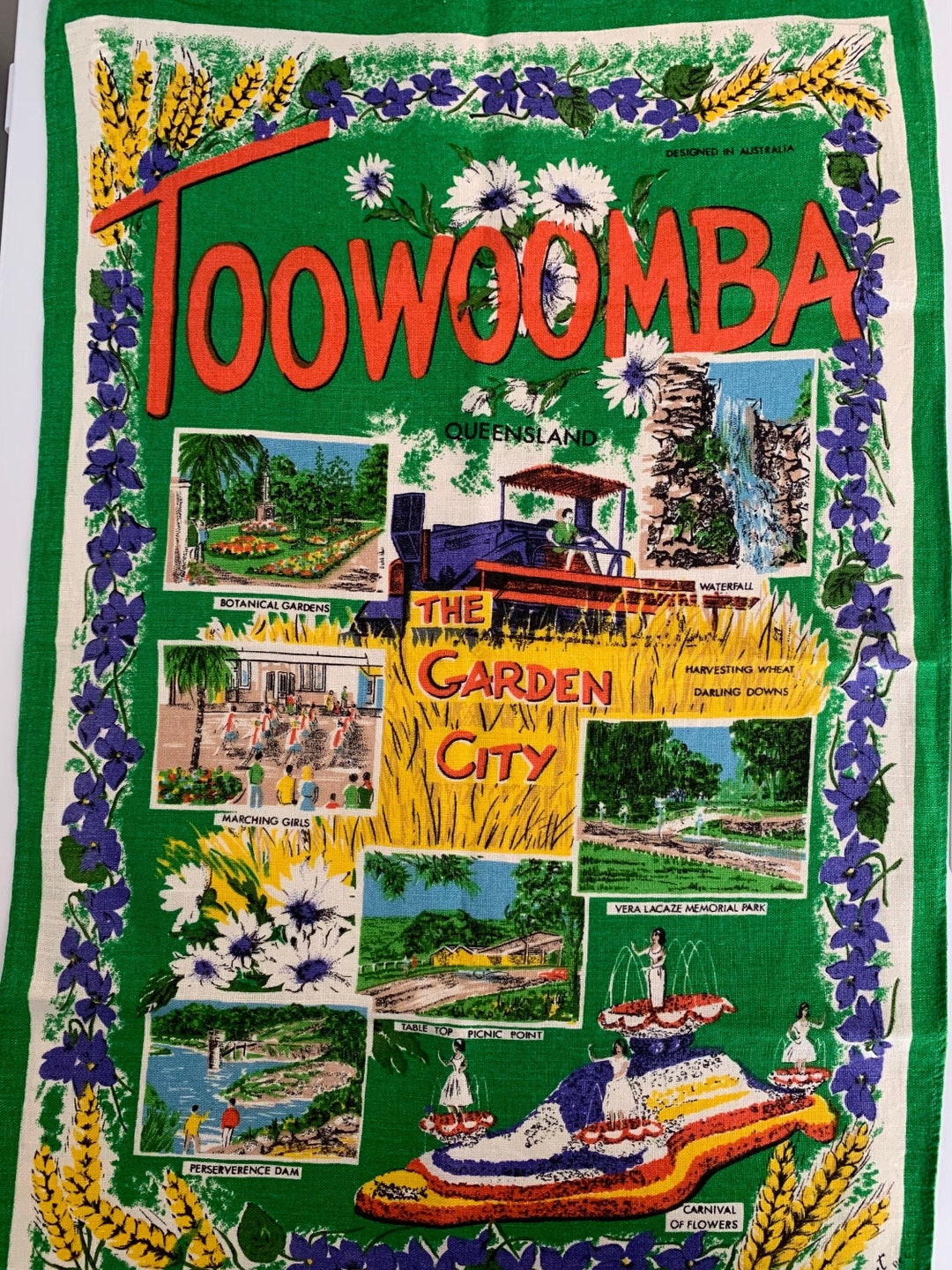 TOOWOOMBA the Garden City, Queensland. Vintage Souvenir Tea Towel, Pure Linen, Carnival of