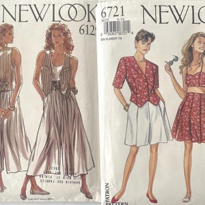 May include: Two New Look sewing pattern envelopes, 6125 and 6721. Pattern 6125 shows a waistcoat and skirt set. Pattern 6721, size 6-16, displays a red floral jacket with a white skirt and a matching red floral crop top with a skirt. Both feature illustrations.