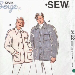 May include: A vintage sewing pattern showing illustrations of two jackets, one light grey and one off-white. The pattern includes the text "KWIK SEW" and "Serge", with size options XS-XL.