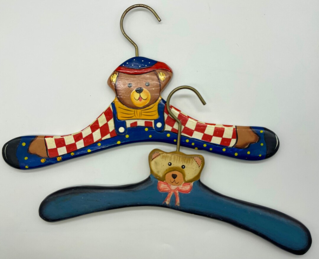 Pair of Children's Wooden Coat Hangers. Novelty Teddy Bear Hangers