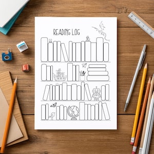 May include: A white paper reading log with black line art illustrations of four shelves filled with blank book spines. The page features drawings of a dragon, a ship, a robot, a globe, a bird, a butterfly, and a paper airplane, with the text READING LOG.
