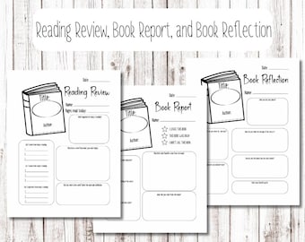 May include: Three black and white printable sheets for book reports, reading reviews, and book reflections. Each sheet features a book illustration and spaces for title, author, and notes. The text "Reading Review, Book Report, and Book Reflection" is at the top.