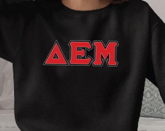 Delta Epsilon Mu Greek Letter Fleece Sweatshirt- Custom Embroidered Crewneck, Zig-Zag Embroidery