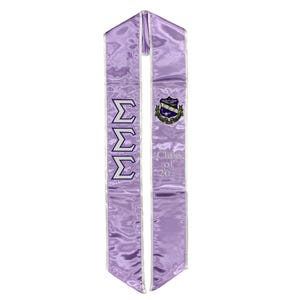 May include: Purple graduation sash with white trim and the letters 'ΣΣΣ' on one side and a crest with the letters 'ΣΣΣ' and 'Class of 20' on the other side.