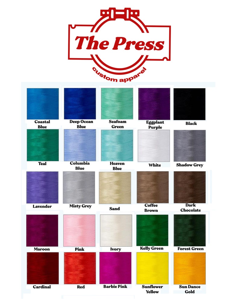 May include: A chart of 24 different colored thread spools, each with a label identifying the color. The colors include teal, lavender, maroon, cardinal, red, pink, ivory, white, black, deep ocean blue, seafoam green, eggplant purple, columbia blue, heaven blue, misty grey, sand, coffee brown, dark chocolate, kelly green, forest green, sunflower yellow, sun dance gold, and coastal blue.
