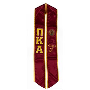 May include: Burgundy graduation sash with gold trim and the letters "ΠΚΑ" and "Class of 20" embroidered in gold.