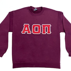 Alpha Omicron Pi crewneck sweatshirt letters // Alpha Omicron Pi satin embroidered crewneck letters