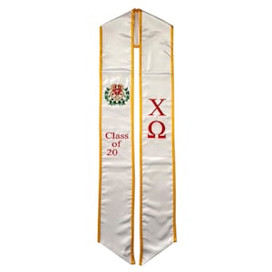 May include: White graduation sash with gold trim and red embroidery. The sash features the letters "XO" and the text "Class of 20".