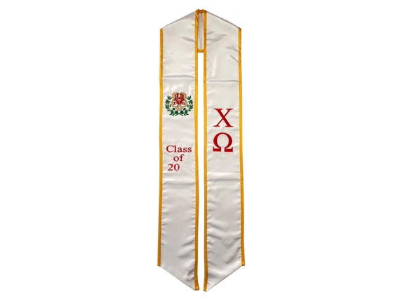 Chi Omega Graduation Sash Stole Embroidered Greek Letters & Crest, Class of 2026