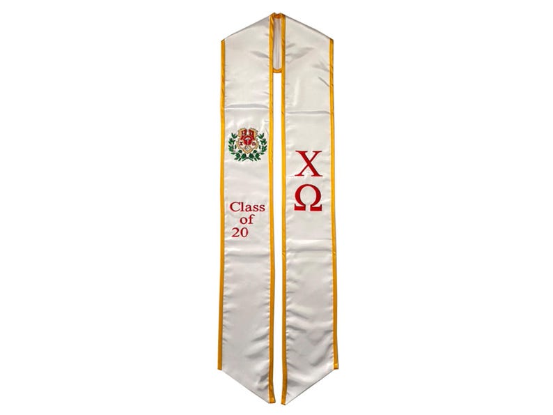 May include: White graduation sash with gold trim and red embroidery. The sash features the letters "XO" and the text "Class of 20".