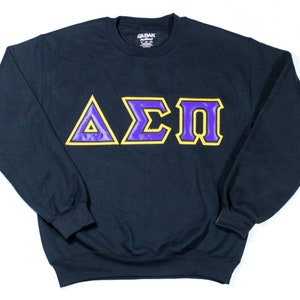 May include: A navy blue sweatshirt with a purple and yellow Greek letter design that reads "ΔΣΠ".