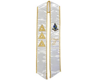 Delta Delta Delta Graduation Stole, TriDelta Embroidered Silk Sash, Greek Letters & Crest