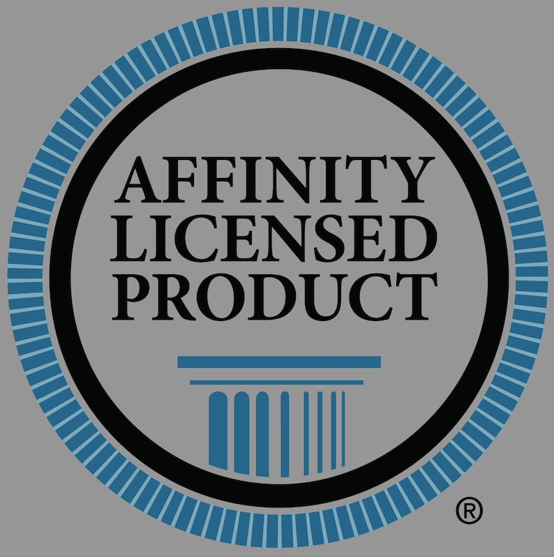 May include: A blue and black circular logo with the text "AFFINITY LICENSED PRODUCT" and a stylized column design. The logo has a registered trademark symbol in the lower right corner.
