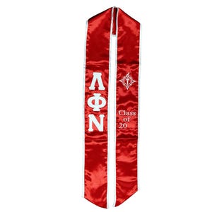 May include: Red and white graduation stole with the letters "ΛΦΝ" and "Class of 20" embroidered in white.