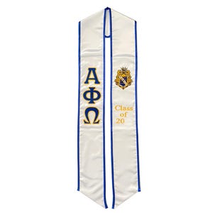 May include: White graduation stole with blue trim and gold lettering. The stole features the Greek letters Alpha Phi Omega and the text "Class of 20".