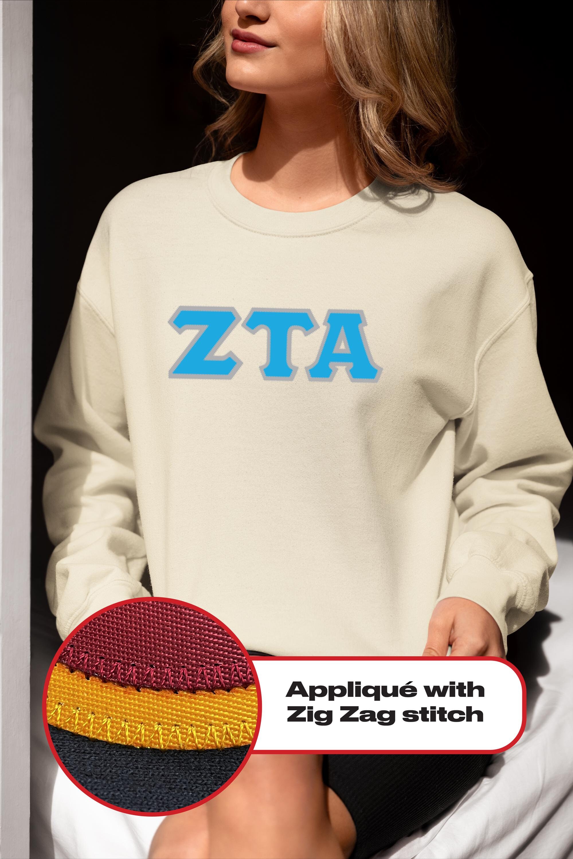Zeta Tau Alpha Crewneck Sweatshirt, Zig-zag Embroidered Greek