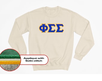 Phi Sigma Sigma Griekse letter fleece sweatshirt - op maat geborduurde ronde hals, dubbel satijnen borduurwerk