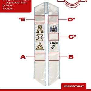 May include: A white graduation sash with blue trim. The sash has a gold Greek letter design, "Class of 20" text, and areas for personalization. The sash is for a graduation ceremony.