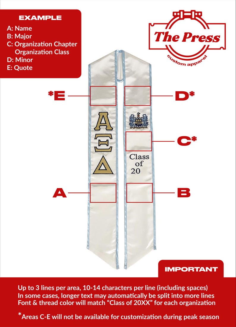 May include: A white graduation sash with blue trim. The sash has a gold Greek letter design, "Class of 20" text, and areas for personalization. The sash is for a graduation ceremony.